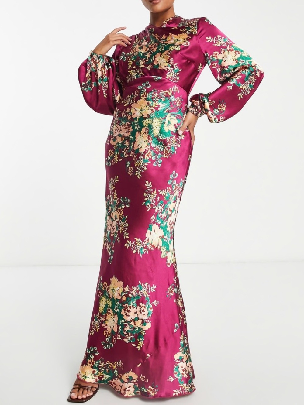 NWOT ASOS DESIGN Petite High Neck Bias Cut Maxi Satin Dress Floral Print 12 - Picture 1 of 13